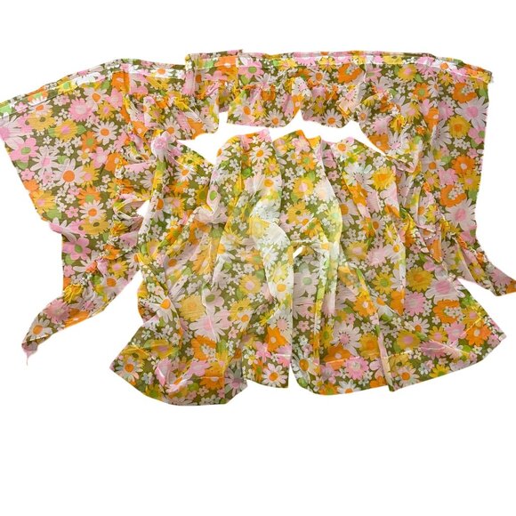 VTG Floral Curtain Panels/Valance Set Daisy Floral Green/Orange/Pink 1970s Retro - Picture 1 of 9